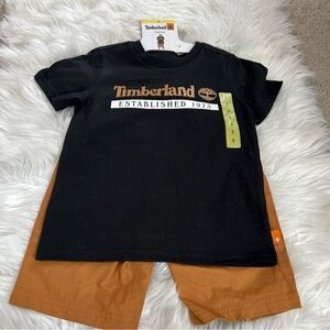 Timberland Black Tee with Tan Logo and Tan Shorts Set
